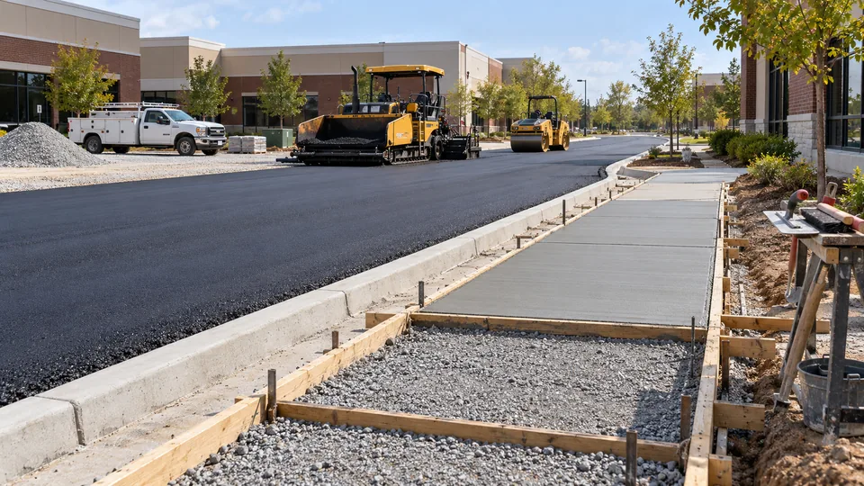 An asphalt paver and roller finishing a new commercial road beside a freshly poured concrete sidewalk in wooden forms