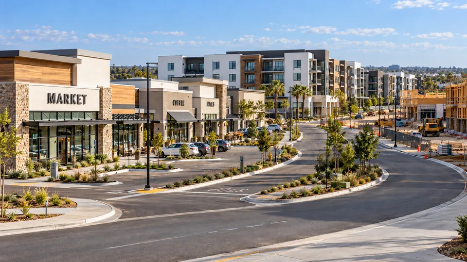 A new mixed-use development, a market and shops with mid-rise apartments behind them and roads still under construction