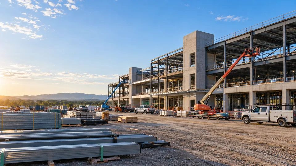 Commercial steel frame under construction A commercial building under construction at sunrise, its steel frame and concrete cores up, two boom lifts working and framing stacked below