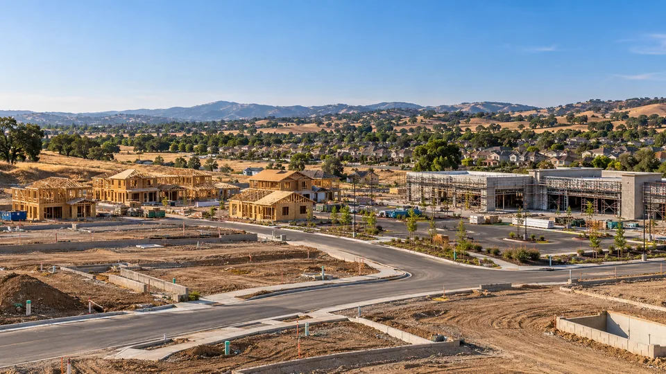 A California development under construction among golden oak-covered hills, with wood-framed homes, new streets and graded lots, and a commercial building in scaffolding