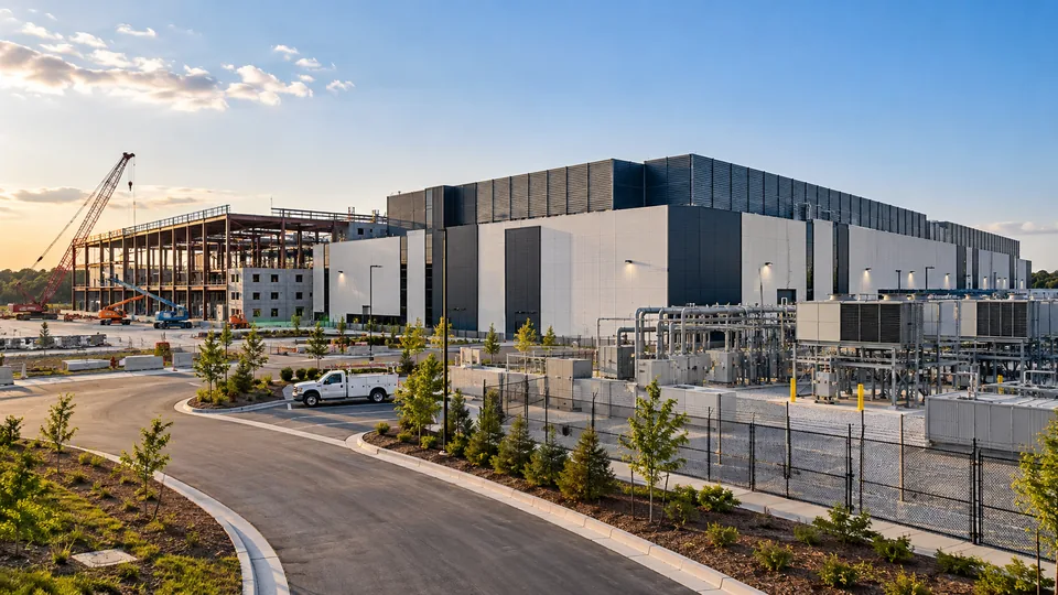 A data center campus with a completed data hall and cooling and electrical yards beside a second building in steel framing with cranes