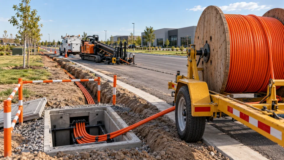 Orange fiber conduit pulled from a cable reel trailer into a concrete handhole beside an open trench, with a directional drill and a utility truck along a suburban road