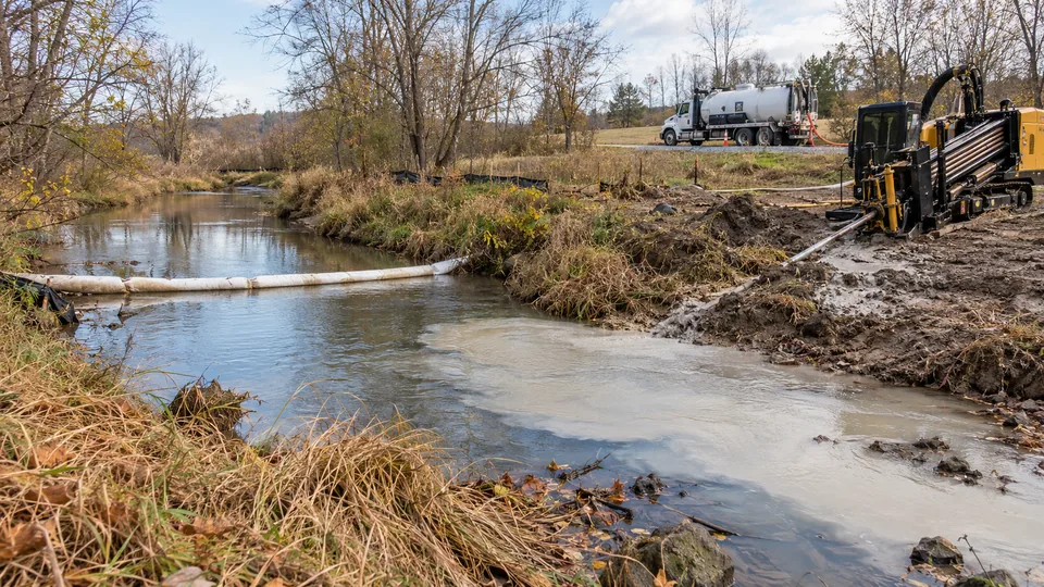 A directional drilling rig beside a creek where drilling fluid has surfaced, with a containment boom across the water and a vacuum truck on the road