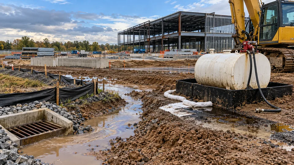 A commercial jobsite with a fuel tank in secondary containment, absorbent booms and pads around a small spill, and silt fence and rock protecting a storm drain inlet from muddy runoff, a steel frame building going up behind