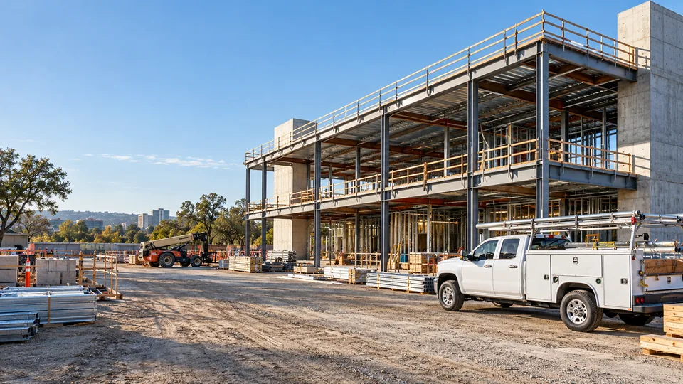 A two-story steel-framed commercial building under construction with concrete stair cores, a telehandler and a contractor's utility truck on the site