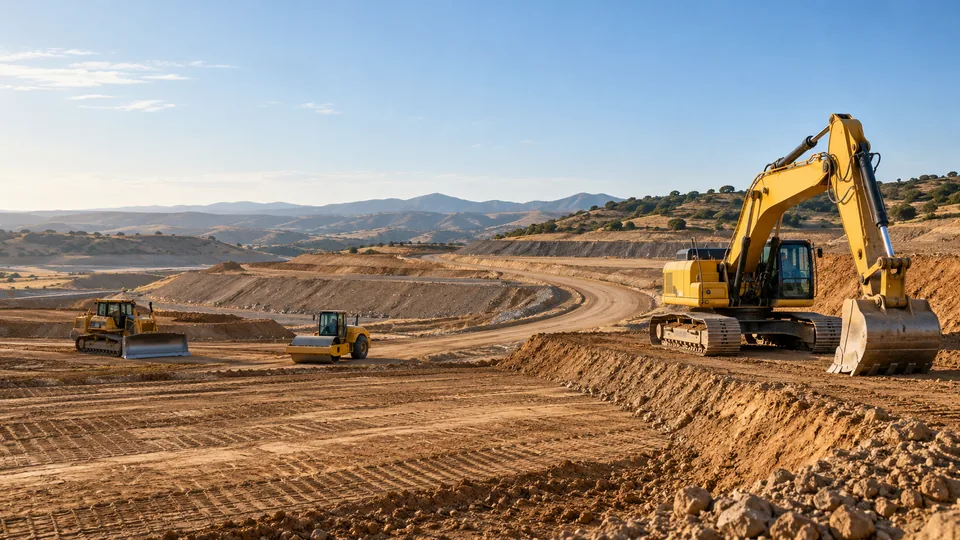 Earthwork and grading for a hillside development A large earthwork and grading site in the hills with an excavator, a dozer and a compactor shaping terraced pads and a haul road