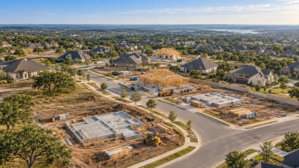 A Central Texas Hill Country neighborhood under construction, with a framed home, formed slabs and a dozer among live oaks, finished stone homes around it and a lake in the distance