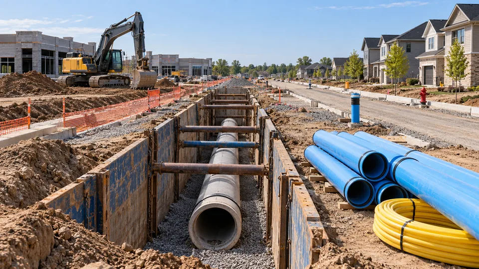 A shored trench with concrete storm drain pipe, blue water main pipe and a coil of yellow gas pipe staged beside a new subdivision street and an excavator